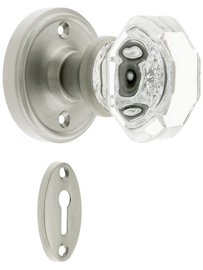 Classic Rosette Mortise Lock Set With Waldorf Crystal Knobs in Satin Nickel.